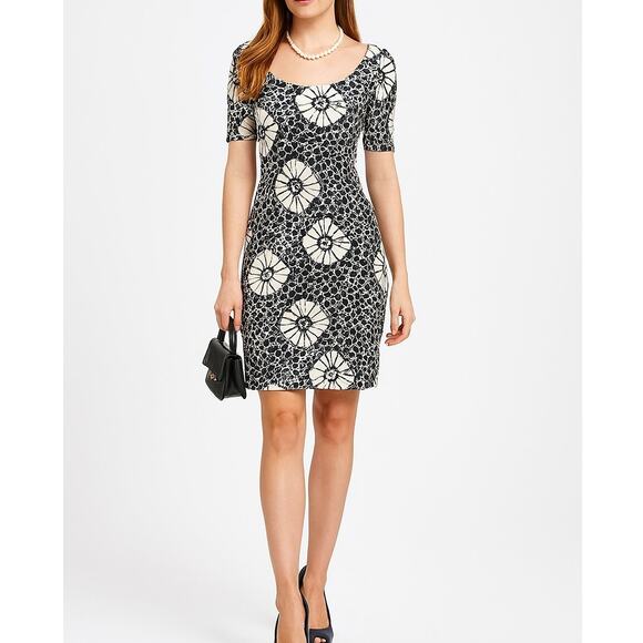 Samantha Sung Navy & White 100% Silk Scoop Neck Dress Size 2 - Picture 1 of 10